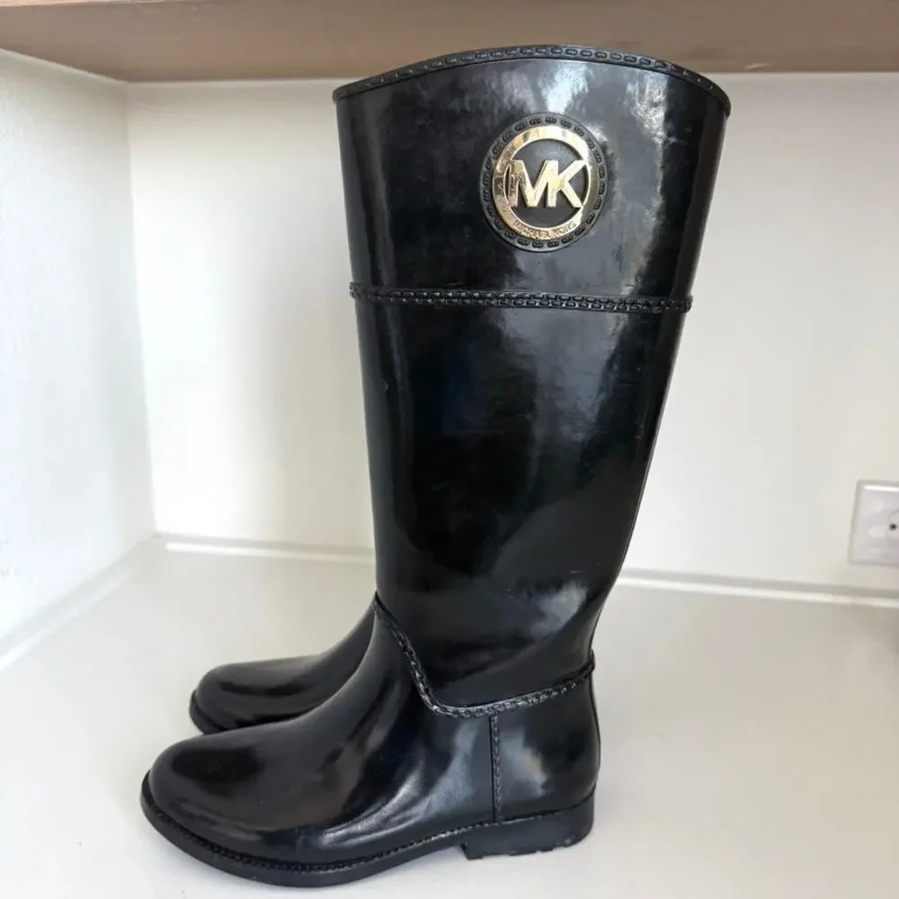 MICHAEL KORS Rain Boots Black Logo Knee High Waterproof Glossy Pull On‎ Size 7